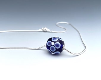 Necklace with Single Handcrafted Very Pretty Blue Bead on Sterling Silver Chain