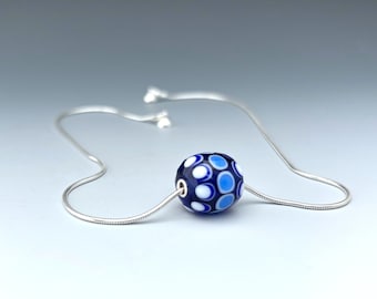 Necklace with Single Handcrafted Very Pretty Blue and WhiteBead on Sterling Silver Chain