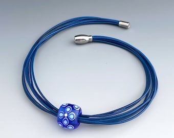 Choker Blue Leather and Blue Glass Hand Made Bead