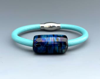 Bracelet Handmade Glass Bead and Leather with Multi-color Bead on Aqua Leather