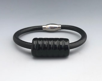 Bracelet Handmade Glass Bead and Leather with Black Bead on Black Leather