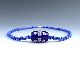 Choker Handmade Glass Bead in Blue on Handsewn Seed Bead Necklace