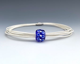 Choker White Leather and Blue Glass Hand Made Bead