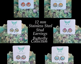 The Butterfly Collection 12mm Hypoallergenic Stainless Steel Stud Earrings/Butterfly Glass Cabochon