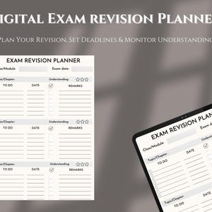 Puede incluir: Un planificador de revisión de exámenes digital imprimible en blanco y negro con el texto "EXAM REVISION PLANNER" en la parte superior. El planificador incluye secciones para clase/módulo, tema/capítulo, por hacer, fecha, comprensión y observaciones.