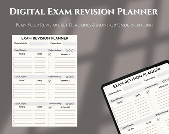 May include: A black and white printable digital exam revision planner with the text "EXAM REVISION PLANNER" at the top. The planner includes sections for class/module, topic/chapter, to do, date, understanding, and remarks.