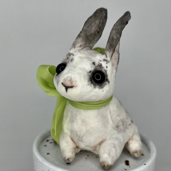 READY TO SHIP Spun Cotton Easter White with black Rabbit with lime bow Victorian Vintage look Ornament by Brusja Natalja Fjodorova