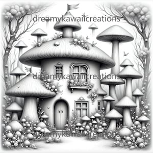 May include: Black and white illustration of a whimsical mushroom house with multiple mushroom-shaped structures. The house has windows, a door, and is surrounded by smaller mushrooms and foliage. The text "dreamykawaiicreations" is visible.