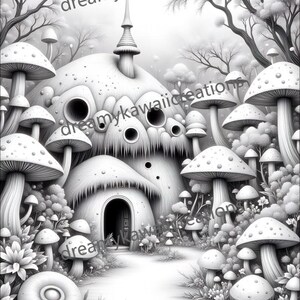 Peut inclure: Illustration en noir et blanc d'un village champignon fantaisiste. L'image présente des maisons en forme de champignons, de grands champignons et un chemin. Le texte "dreamykawaiicreations" est visible.