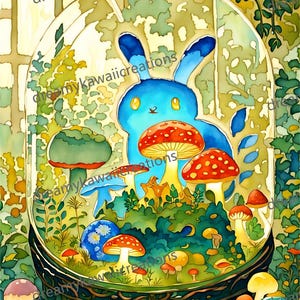 May include: A whimsical watercolor illustration featuring a blue bunny and colorful mushrooms inside a glass terrarium. The mushrooms have red caps with white spots. Green foliage surrounds the scene, creating a fantasy forest theme.