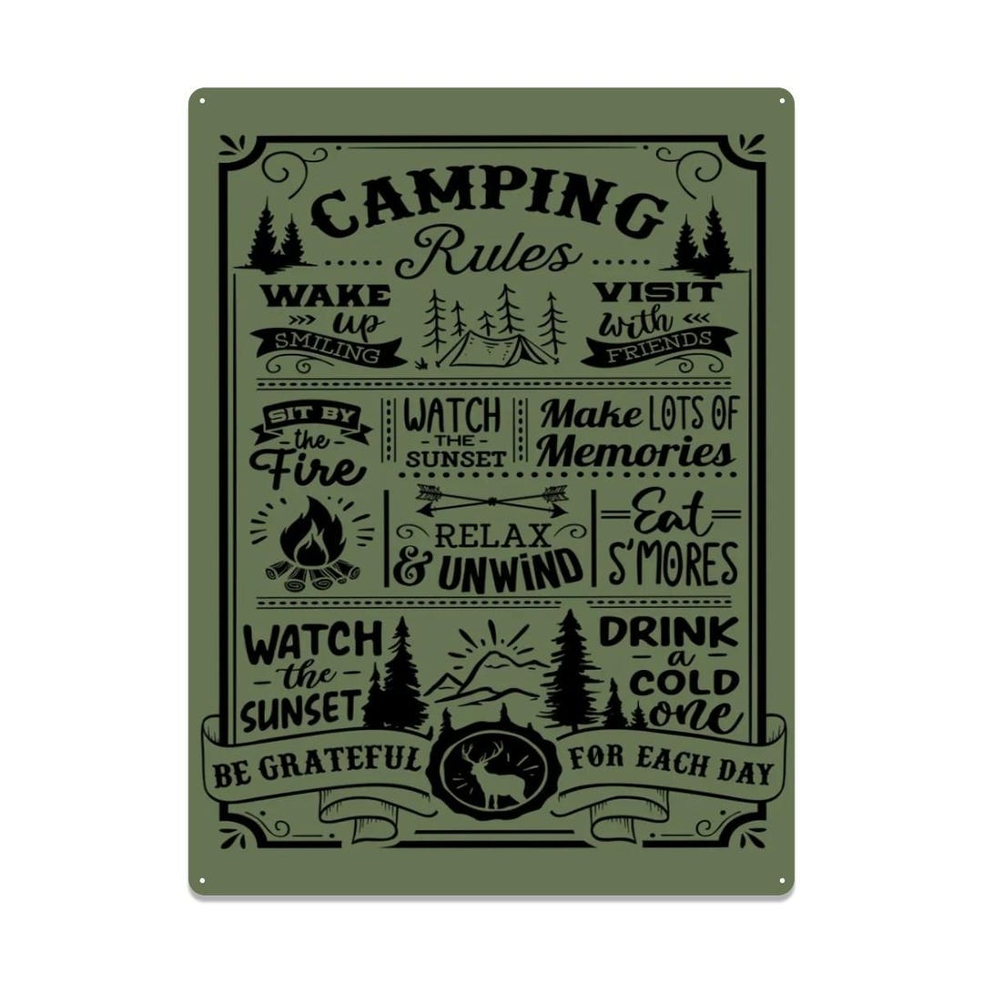 Camping Rules Tin Sign – Rustic Cabin Wall Decor, Vintage Camp Rules ...