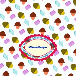 May include: A repeating pattern on a white background featuring stylized brown-haired figures, yellow-green acorn-like shapes, and light blue and purple rectangular blocks. A central oval frame with a scalloped red border contains the text MitosoulDesigns.