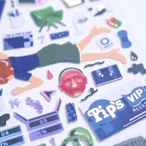 May include: A set of colourful stickers featuring a variety of designs, including a woman lying down, a watermelon, a computer screen, a VIP access card, and a variety of other abstract shapes. The stickers are printed on clear plastic and are perfect for adding a touch of whimsy to your planner, journal, or laptop.