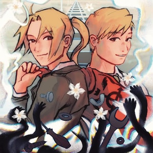 May include: Anime-style illustration featuring two characters with blonde hair, set against a backdrop of a railway and white flowers. The text "a heart" and "made fullmetal" are included. The artwork incorporates tools and a stylized eye.