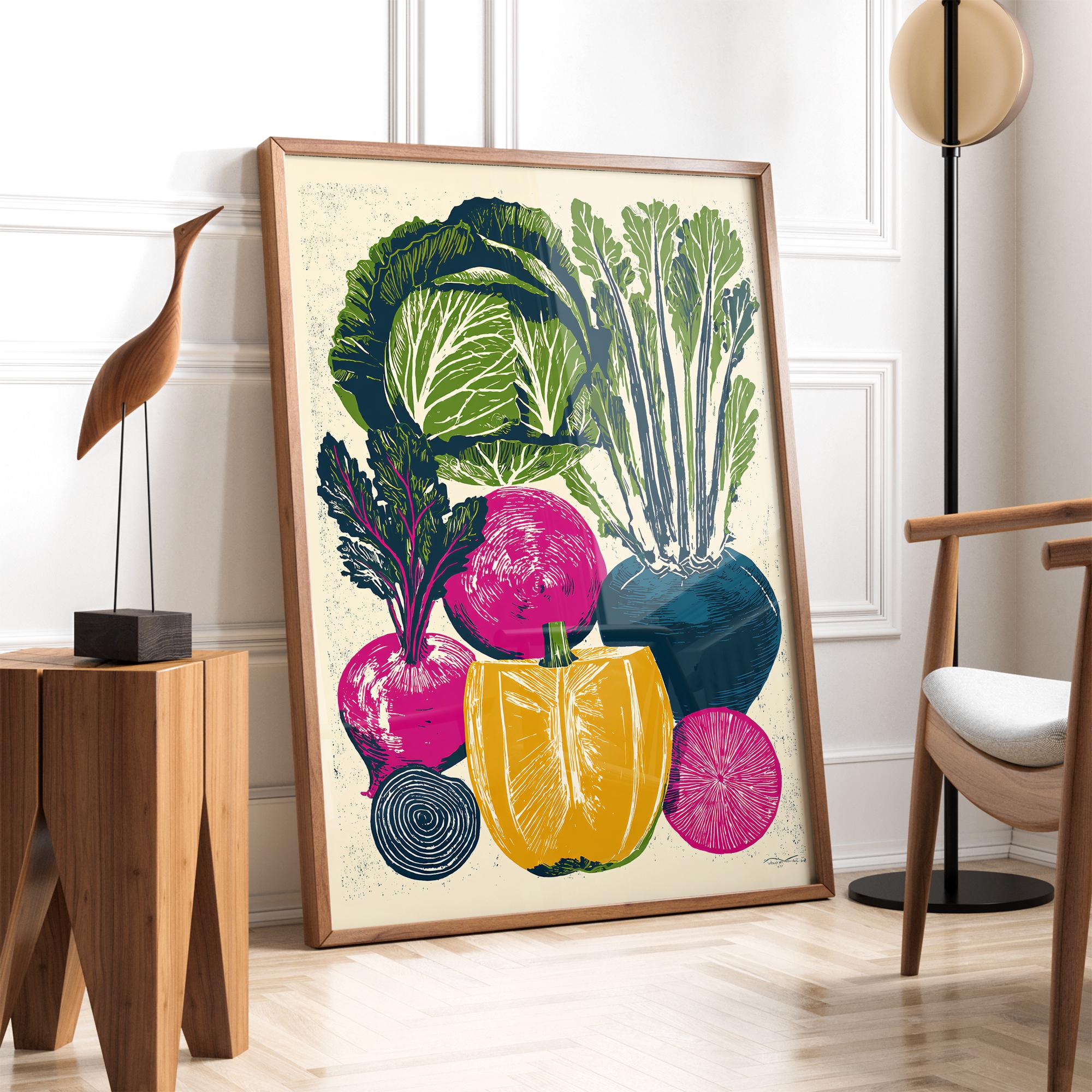 Vitroot Poster Vegetable Linocut Print, Kitchen Wall Decor, Garden Harvest Art, Root ...