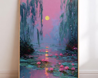 May include: A framed painting depicts a serene waterscape at dusk. Pink and purple hues dominate the sky and water, reflecting the moon's golden glow. Pink water lilies float on the water's surface, surrounded by green lily pads and weeping willow trees.