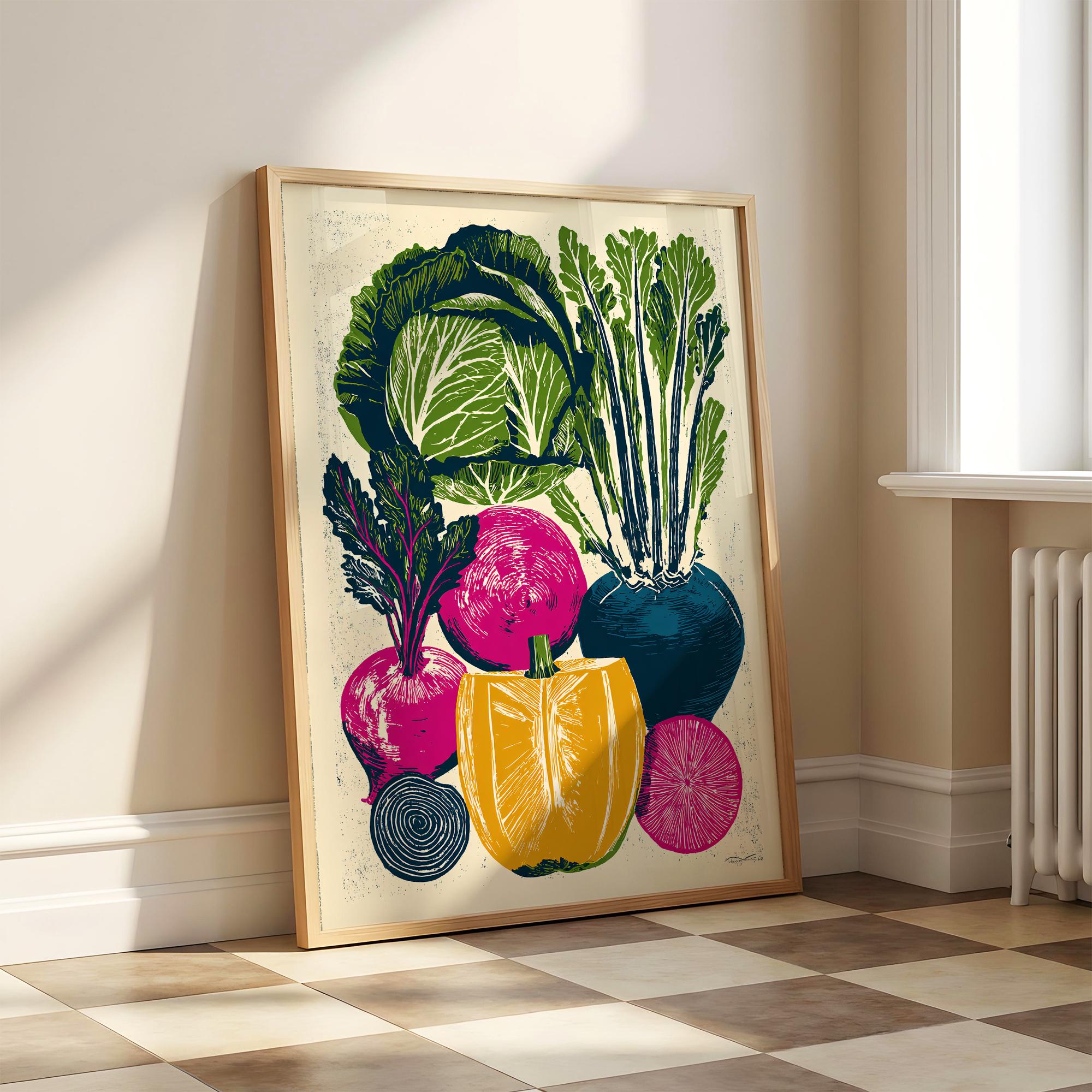 Vitroot Poster Vegetable Linocut Print, Kitchen Wall Decor, Garden Harvest Art, Root ...