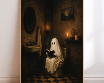 以下が含まれることがあります： 薄暗いバスルームのトイレに座り、開いた本を読んでいる白いシーツを被った人物を描いた額装されたウォールアートプリント。部屋には洗面台、鏡、タオル、キャンドル、市松模様の床が描かれています。