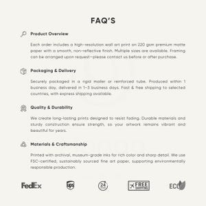 May include: A white background with the text "FAQ'S" at the top. Below are details about the product, including the paper type, packaging, and materials used. The image also includes shipping logos.