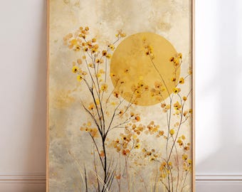 以下が含まれることがあります： 黄色い太陽と様式化された花の要素が描かれた、額入りのアートプリント。このアートワークは、黄色、ベージュ、茶色の色合いを持つ暖かい色使いです。プリントは木製のフレームに入っています。