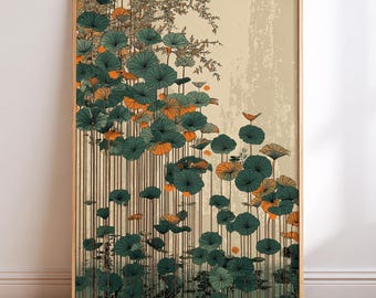 以下が含まれることがあります： 水連の様式化されたイラストが特徴の、額装されたアートプリント。このアートワークは、ベージュの背景に、緑とオレンジのスイレンの葉と垂直の茶色の線を描いています。このプリントは木製のフレームに入っており、家の装飾に適しています。