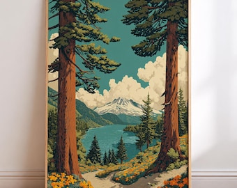 May include: A framed art print depicting a scenic landscape. Two tall, brown trees frame a view of a lake, mountains, and sky. The artwork features a path, yellow flowers, and a blue lake. The style is reminiscent of vintage travel posters.