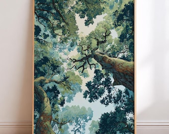 以下が含まれることがあります： 森の天蓋を見上げる構図の、額装されたアートプリント。このアートワークは、緑と青緑色の豊かな葉を持つ高い木々が、明るい青色の空を背景に描かれています。プリントは天然木のフレームに収められています。