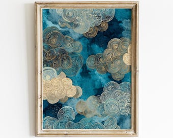 May include: Framed art print featuring a watercolor background in shades of teal and blue. Gold spiral cloud designs are layered over the watercolor. The frame is a light, neutral color.
