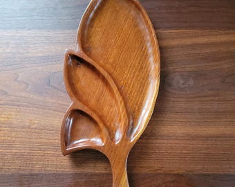 Large Carved Leaf Tray or Bowl with Compartments MCM Vintage 18 Inches