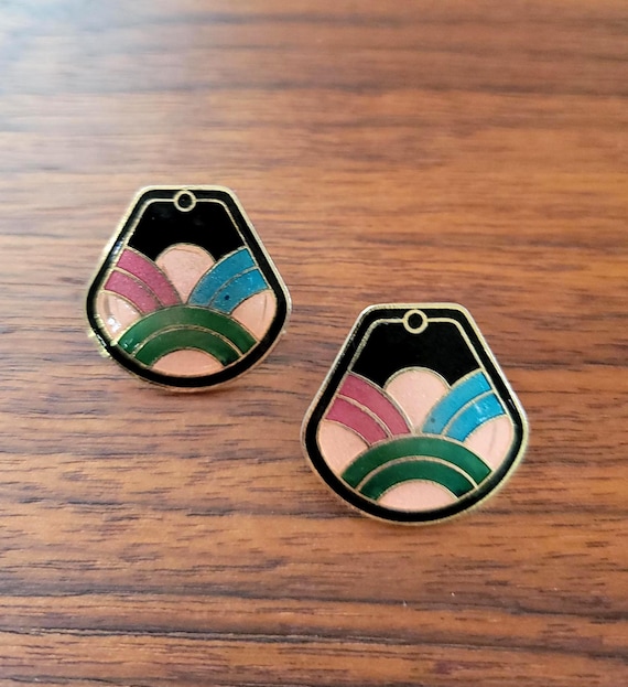 Vintage Cloisonné Stud Earrings Art Deco Style