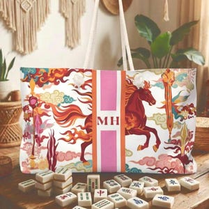 Personalized Mahjong Tote Bag Set, Fire Horse Mahjong Tile Bag With Matching Pouches, Custom Initial Travel Tote, Mahjong Gift Large Tote