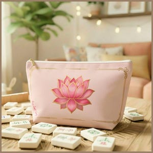 Könnte beinhalten: Ein hellrosa rechteckiges Reißverschlussetui mit einer zentralen Abbildung einer rosa Lotusblüte mit goldenen Umrandungen. Das Etui ist mit einem goldenen Rahmen und dem vertikalen Schriftzug T K S in Gold auf der linken Seite verziert.