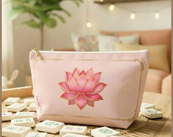 Personlig Mahjong-kakelväska för kvinnor, Mahj-present, monogramväska, Mahjong-tillbehör, anpassad Mahjong-present, Lotus Mahjong-resefodral för tillbehör
