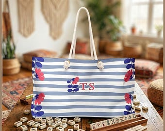 Personalized Mahjong Tote Bag, Custom Large Monogram Tote Bag, Floral Mahj Tile Bag, Mahjong Travel Tote, xl Game Night Bag, Mahjong Gift
