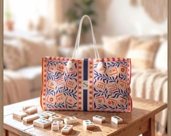 Personalized Mahjong Tote Bag, Custom Large Monogram Tote Bag, Retro Mahj Tile Bag, Mahjong Travel Tote, xl Game Night Bag, Mahjong Gift