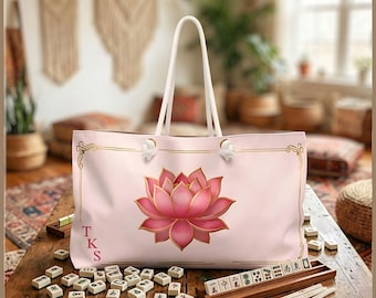 Personalized Mahjong Tote Bag, Custom Large Monogram Tote Bag, Lotus Mahj Tile Bag, Mahjong Travel Tote, xl Game Night Bag, Mahjong Gift