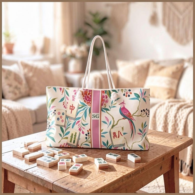 May include: A white tote bag featuring a colourful botanical print with pink birds, green leaves, and mahjong tiles. A vertical pink stripe runs down the centre with the initials SG printed in black. The bag has two white shoulder straps.