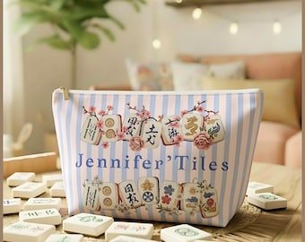 Personlig Mahjong-kakelväska för kvinnor, Mahj-presentväska med blommigt monogram, anpassad Mah Jong-present, Mahjong-resefodral för tillbehör