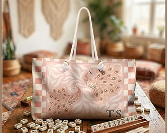 Personalized Mahjong Tote Bag, Custom Large Monogram Tote Bag, Floral Mahj Tile Bag, Mahjong Travel Tote, xl Game Night Bag, Mahjong Gift