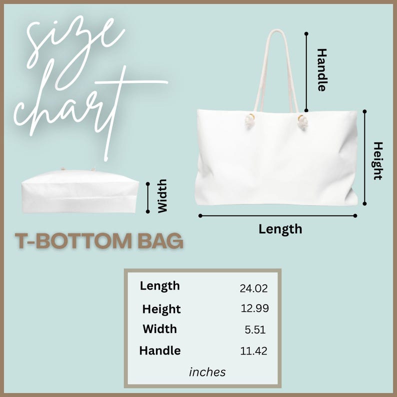 May include: A white T-bottom bag size chart with text labels for handle, height, length, and width. The chart displays dimensions in inches: length 24.02, height 12.99, width 5.51, and handle 11.42. The bag is shown from front and bottom views.
