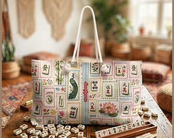 Personalized Mahjong Tote Bag, Custom Large Monogram Tote Bag, Coquette Mahj Tile Bag, Mahjong Travel Tote, xl Game Night Bag, Mahjong Gift