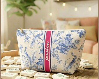 Personlig Mahjong-kakelväska för kvinnor, Mahj-presentväska i Chinoiserie-monogram, Mahjong-tillbehör, personlig Mah Jong-present, Mahjong-reseväska