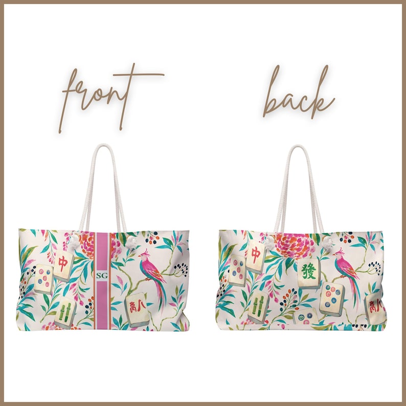 May include: A tote bag shown from the front and back, featuring a white background with a colorful pattern of mahjong tiles, pink birds, and green foliage. The front view includes a vertical pink stripe with the letters SG in the center.