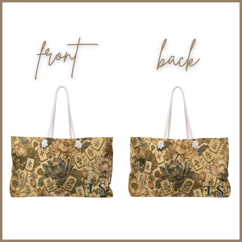 May include: A tote bag featuring a repeating pattern of lotus flowers and mahjong tiles in muted earth tones. The bag has white rope handles and the letters TS printed in the bottom right corner. The image displays both the front and back views.