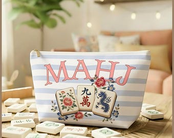 Personalized Mahjong Tile Bag Women Mahj Gift, Monogram Bag Mahjong Accessory, Custom Mah jong Gift, Floral Mahjong Travel Pouch Accessories