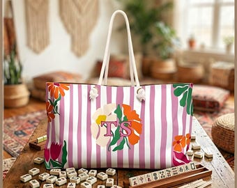 Personalized Mahjong Tote Bag, Custom Large Monogram Tote Bag, Floral Mahj Tile Bag, Mahjong Travel Tote, xl Game Night Bag, Mahjong Gift