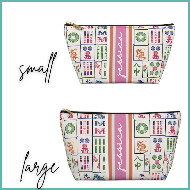 May include: Two zippered cosmetic bags with a Mahjong tile pattern in cream, red, green, and blue. The bags have a pink stripe with the name "Jessica" printed vertically. One bag is labeled "small" and the other "large".