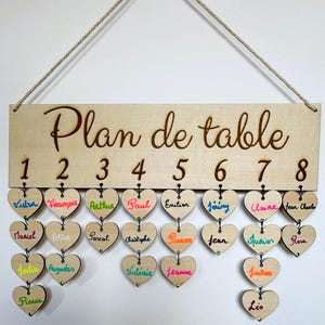Peut inclure: Panneau de plan de table en bois avec le texte "Plan de table" et les chiffres 1 à 8. En dessous, des étiquettes en bois en forme de cœur sont suspendues, chacune avec un nom écrit au marqueur coloré. Une corde est utilisée pour l'accrochage.