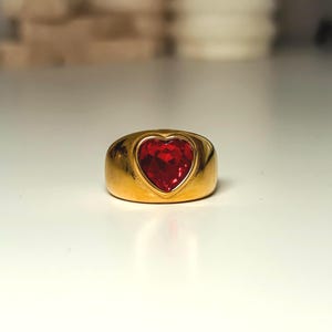 Gold Heart Ring, Chunky Red Heart Ring, Gift for Girl, Oversized Ring, Statement Jewelry for Women, Valentines Day Jewelry, Cocktail Ring