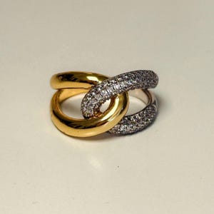 Bague pavé à double maillons, bague bicolore en métaux mélangés, bague en argent sterling, bague en or vermeil, bijoux tendance pour femme, gros bijoux audacieux